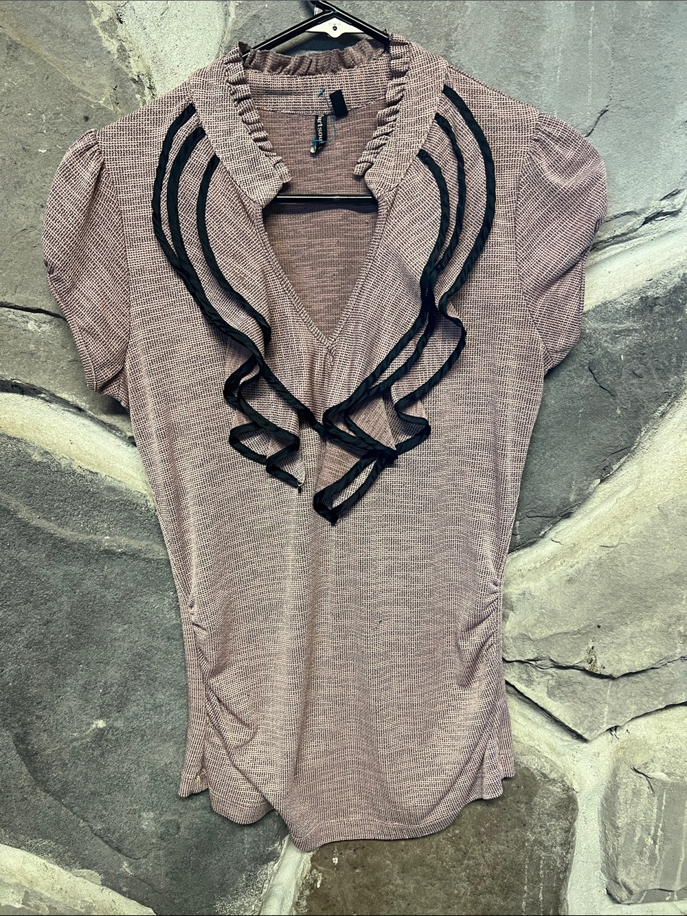 HeartSoul Dusty Rose Ruffle V-Neck Blouse with Black Trim